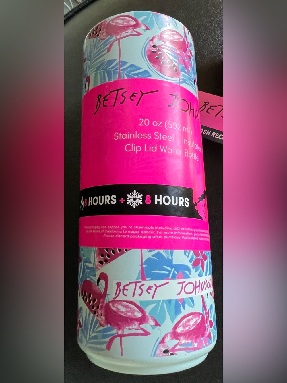 Betsey Johnson NEW Blue & Pink Flamingo Insulated 20oz Water Bottle - Picture 1 of 11